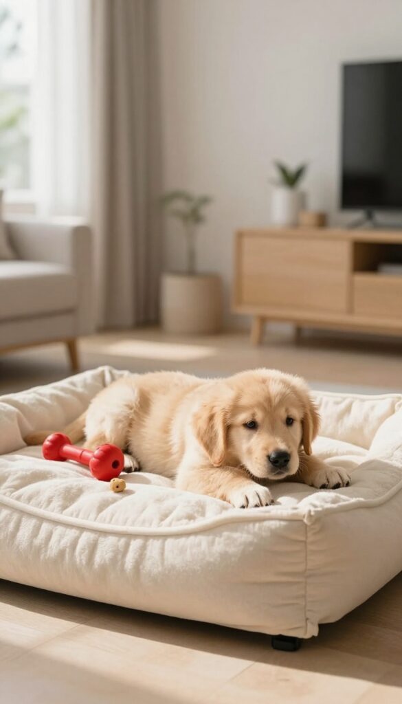 A happy golden retriever puppy relaxing on a cozy bed inside a crate with a Kong toy and treats nearby.