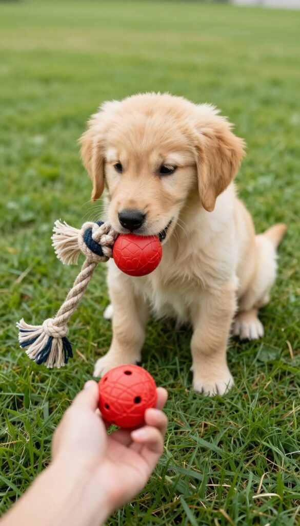 Puppy holding a rope toy on grass with a ball nearby, avoiding rough play.