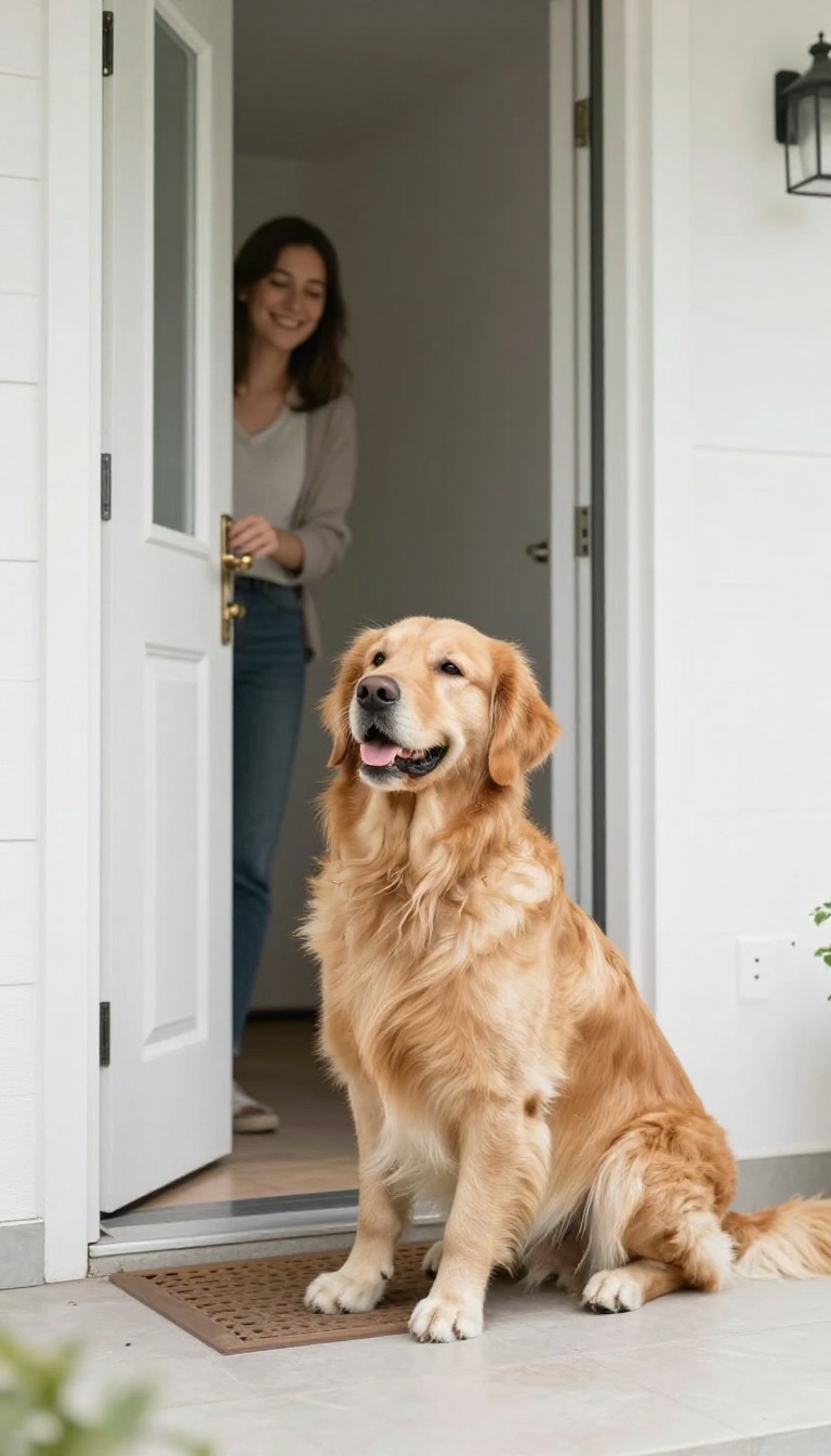 A calm dog sitting politely by the front door as a visitor enters, demonstrating a calm greeting routine.