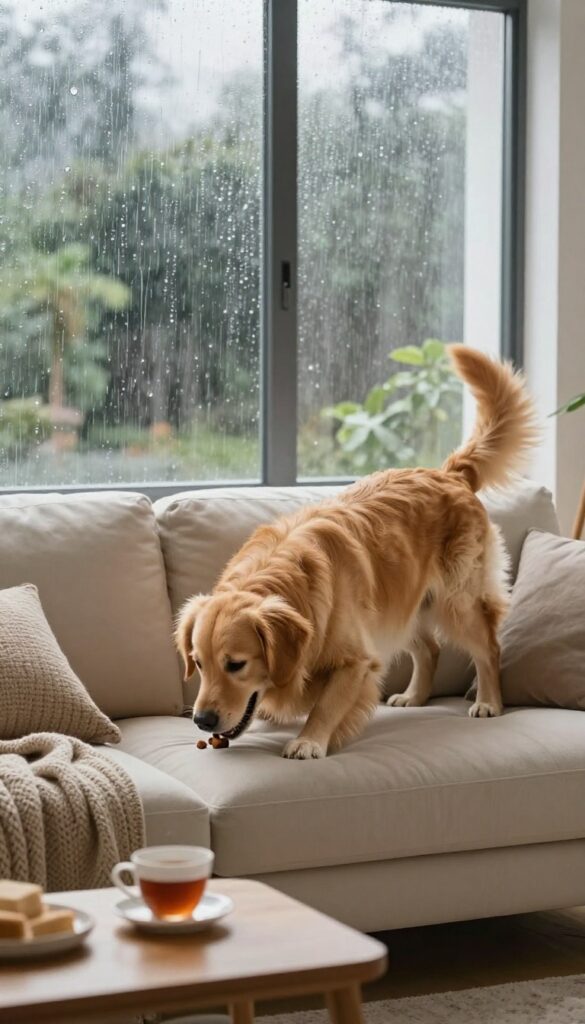 Golden retriever sniffing a treat hidden in a sofa cushion on a rainy day