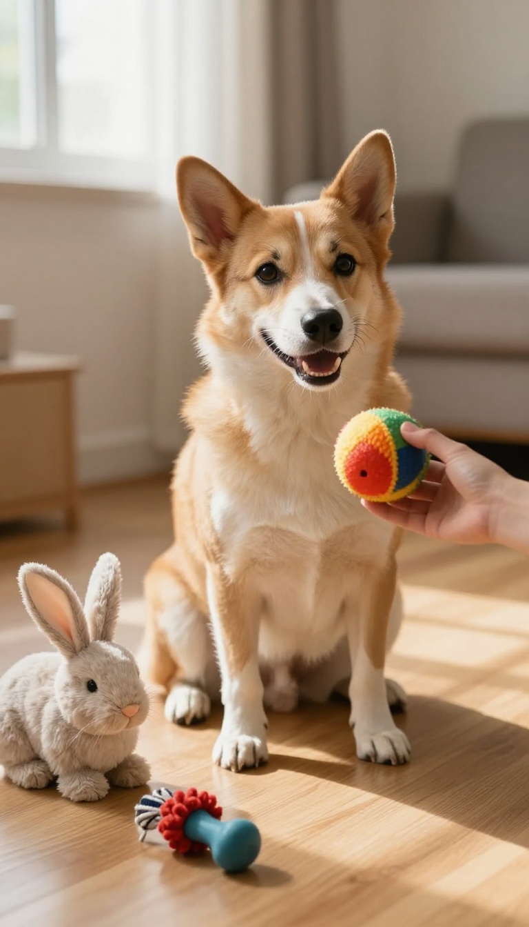 A dog looking attentively at a toy ball during a mental training session, with other toys nearby.
