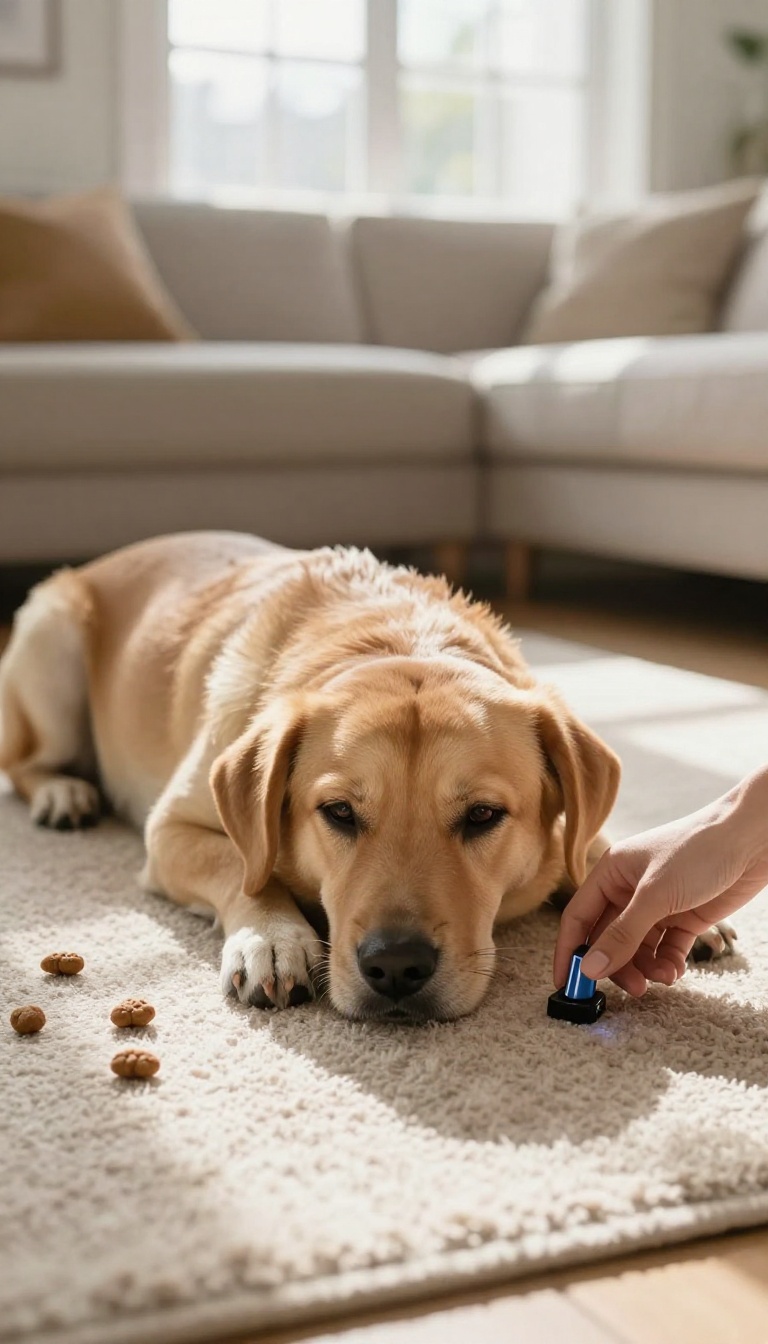 Calm shy dog being trained with a clicker in a bright living room