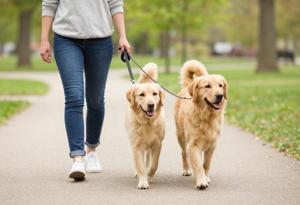 Dog walking calmly on a loose leash beside its owner in a park