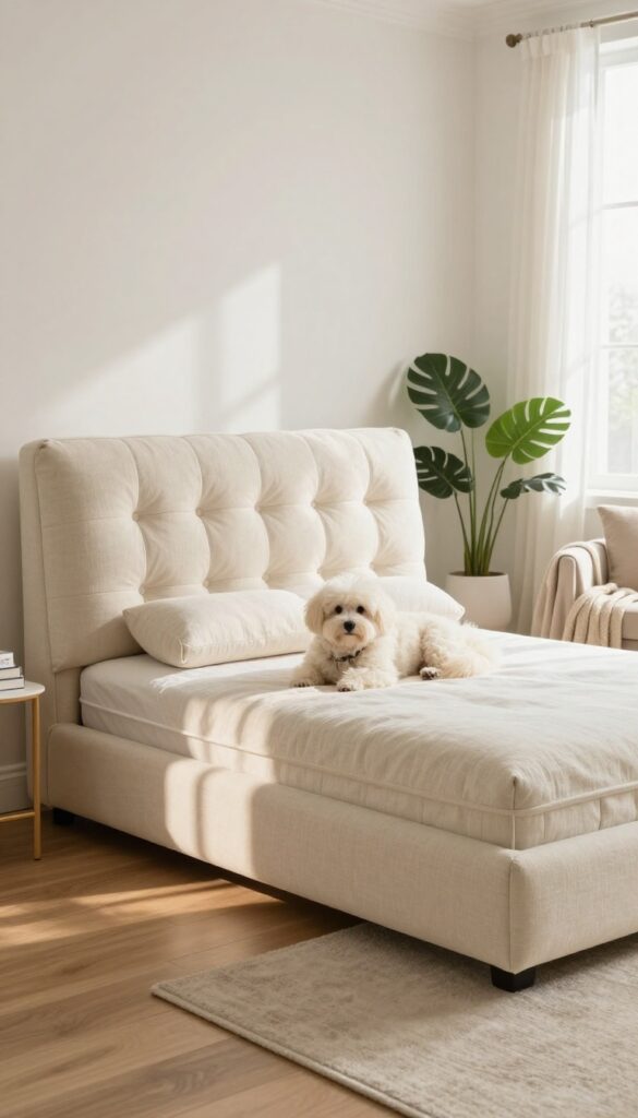 A tufted headboard dog bed in a bright living room, with a small white dog resting on it.