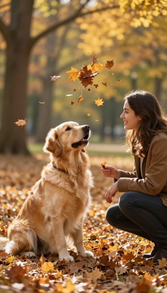 Golden retriever sitting on a leaf-covered path while owner tosses leaves in the air during an autumn training session