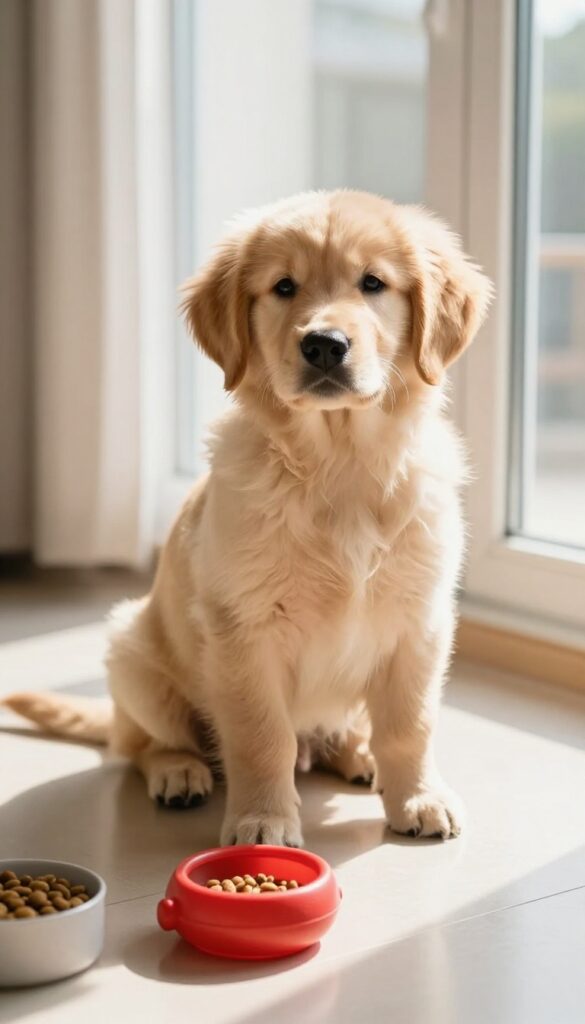 Puppy ignoring a toy and food bowl during a training drill, focusing on its owner.
