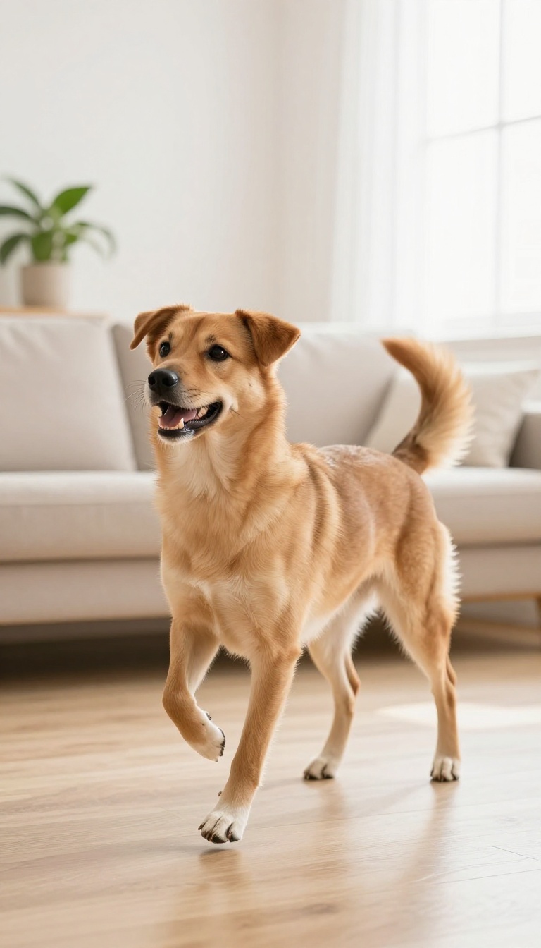 A dog spinning in a circle in a bright living room during a training session