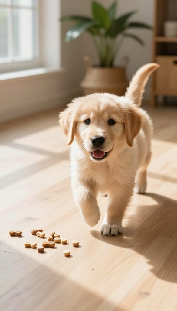Golden retriever puppy turning back toward camera during a treat toss training game on a sunny living room floor