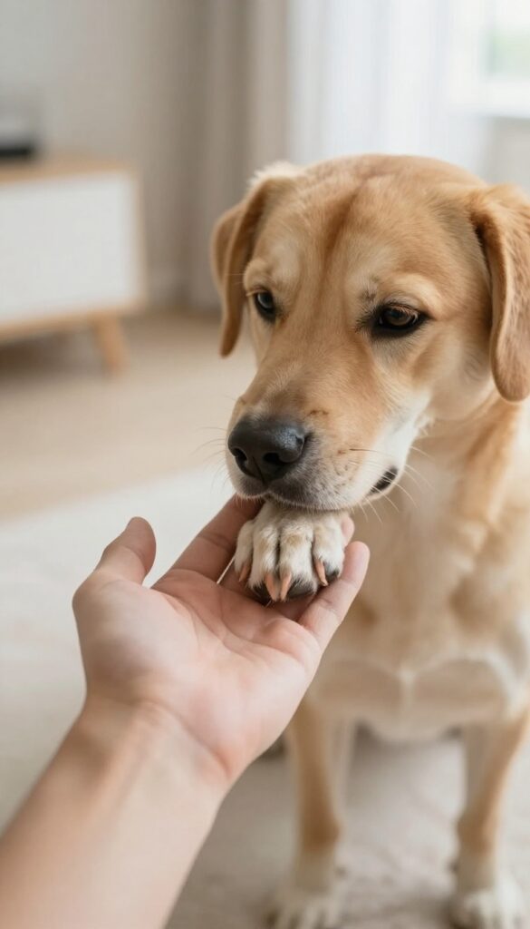 Dog touching a hand with its paw during a training exercise in a bright room