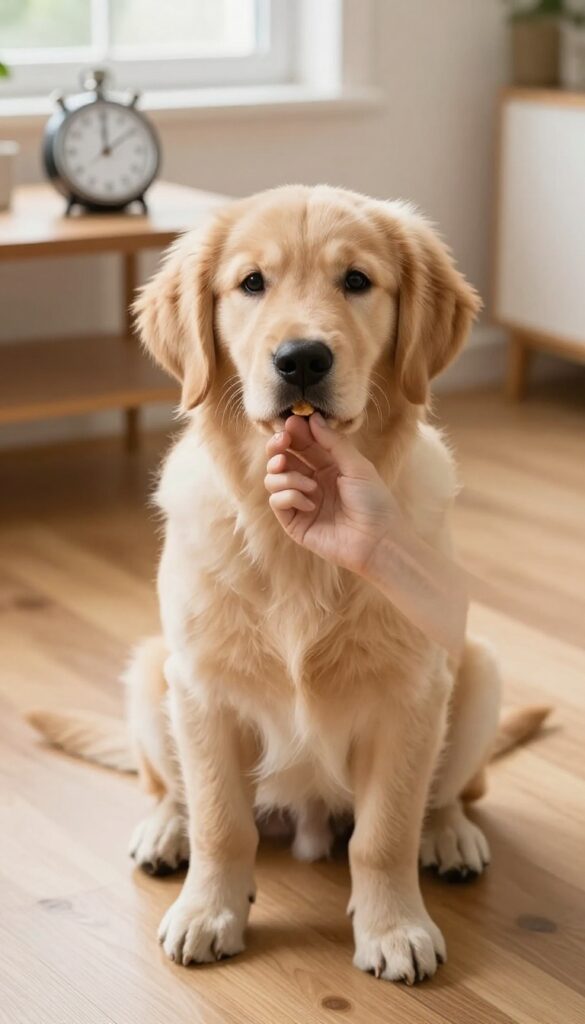 Puppy calmly staying while a hand offers a treat, with a blurred timer in the background.