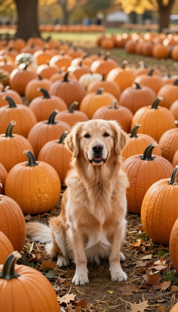 A golden retriever sitting obediently in a pumpkin patch on a sunny fall day, surrounded by pumpkins and autumn leaves.