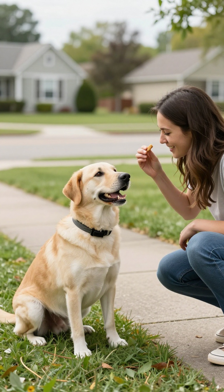 Dog making eye contact with owner during impulse control training near a quiet street