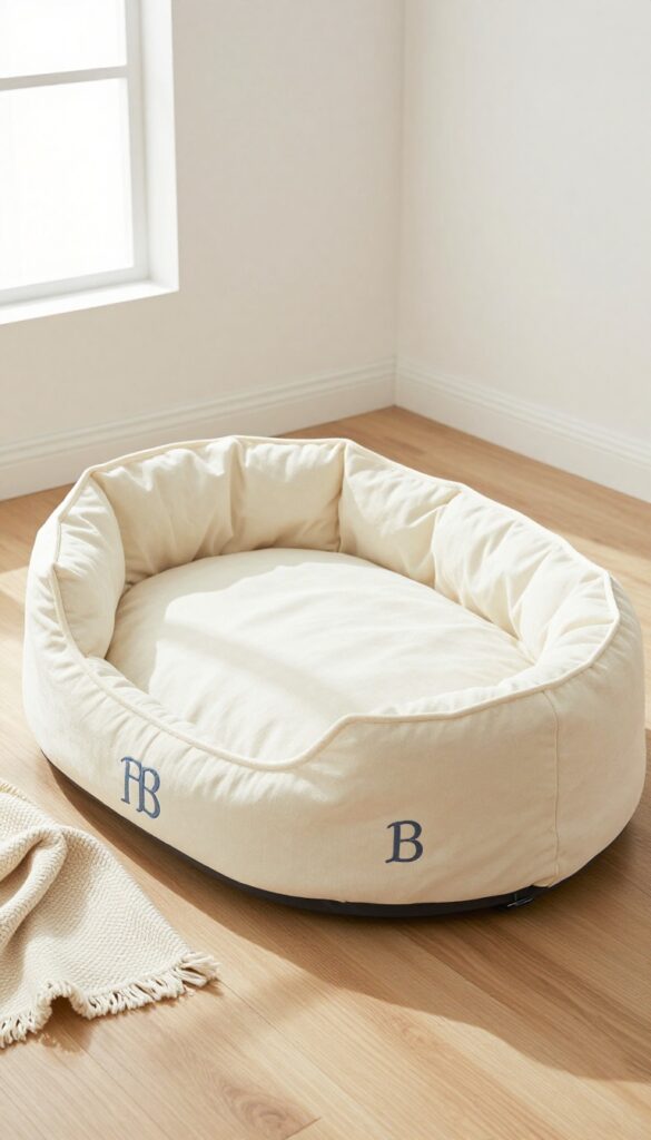 Custom monogrammed dog bed with embroidered letter B in a bright living room