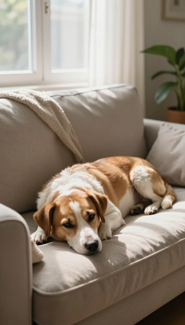 A calm rescue dog resting on a cozy bed by a sunny window in a peaceful living room