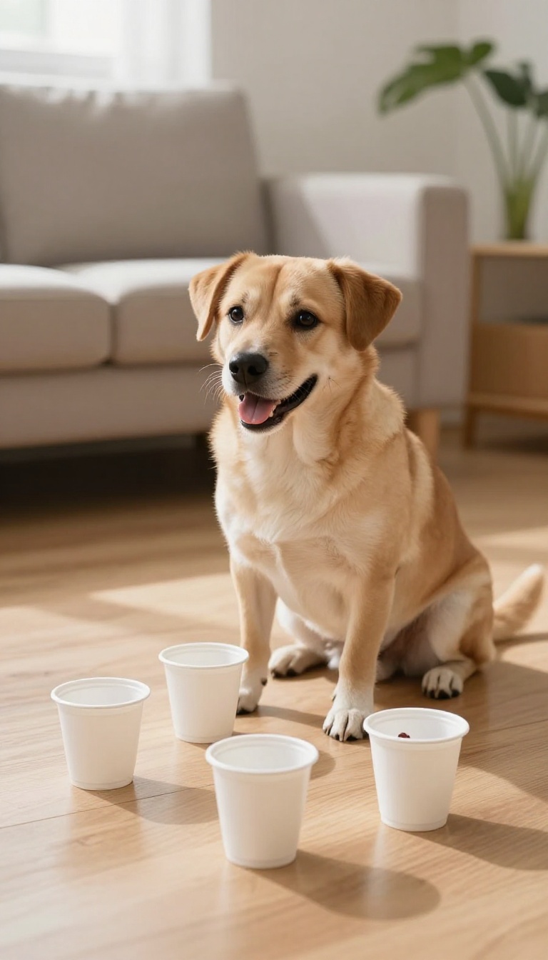 Dog playing the shell game with three cups on a living room floor