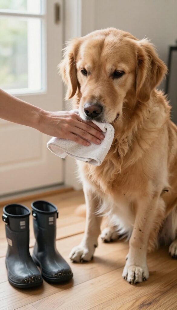 Person wiping a dog's muddy paw with a towel by the door, with booties nearby.