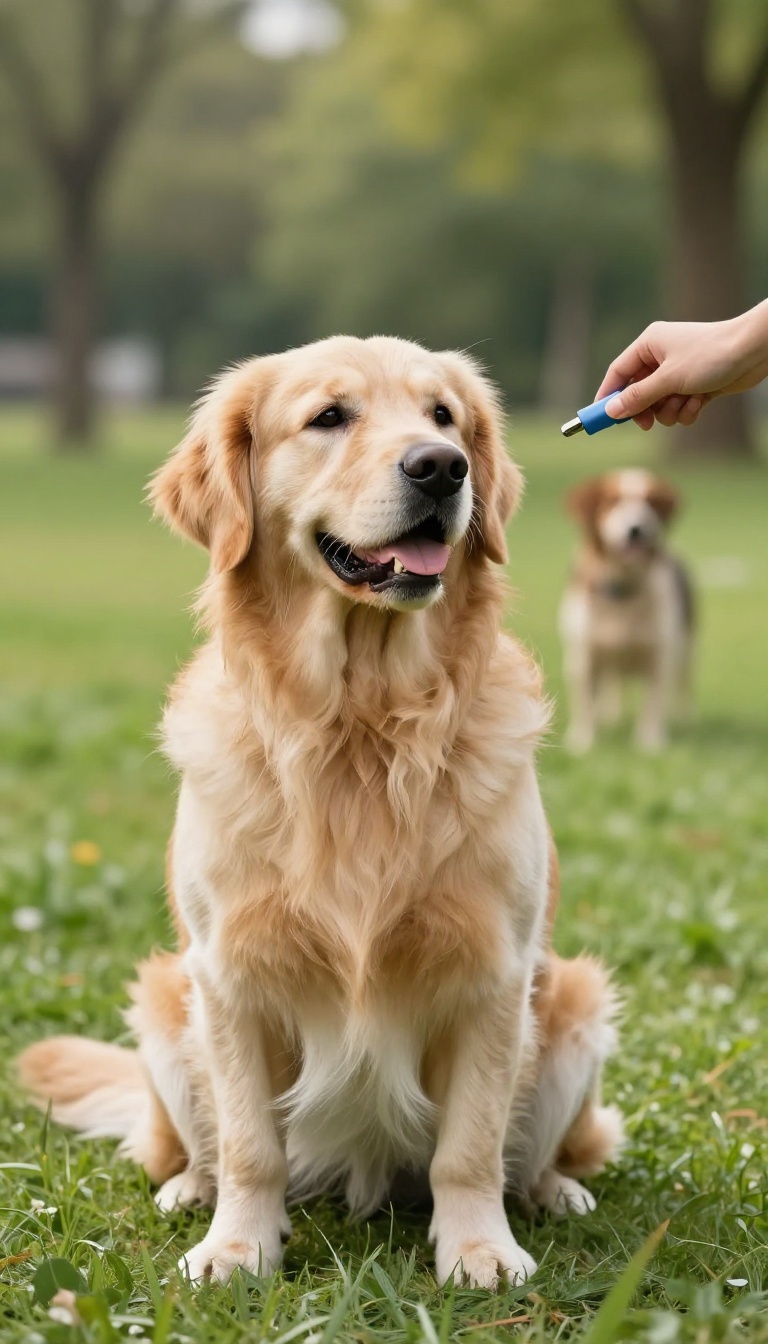 Calm golden retriever sitting on a park path, looking at a distant dog, with a person's hand holding a clicker nearby.