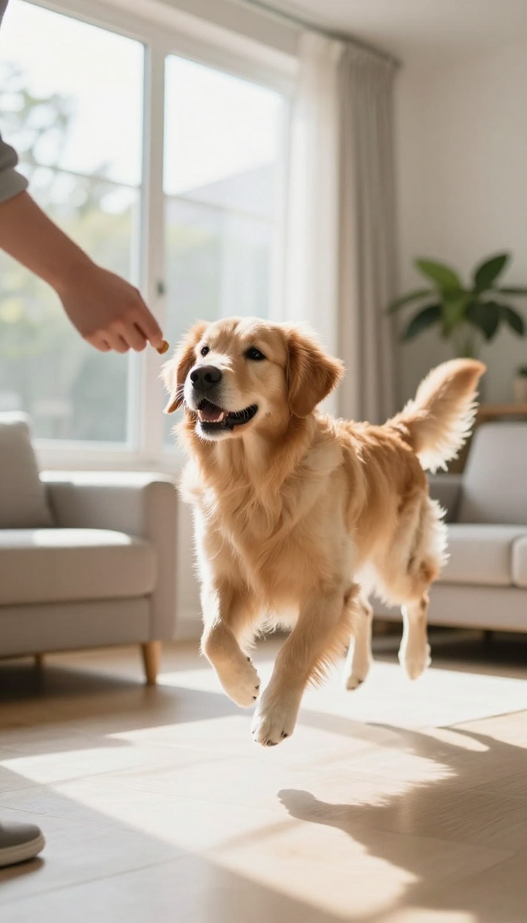A dog rapidly responding to a training cue in a sunlit living room, mid-leap toward a treat.