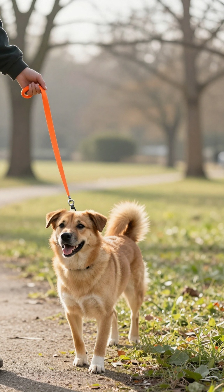 A person holding a long training leash with a dog in a quiet park, demonstrating recall training.