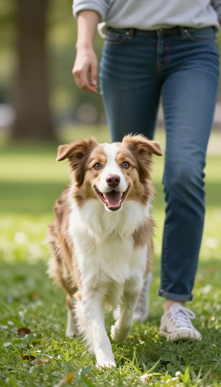 Dog weaving through person's legs in a park