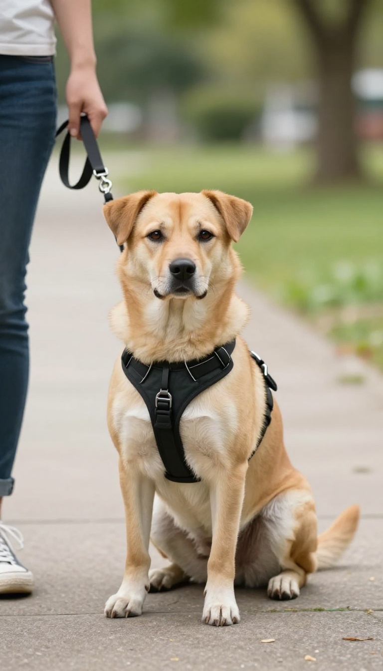 Dog wearing a front-clip harness during a calm walk