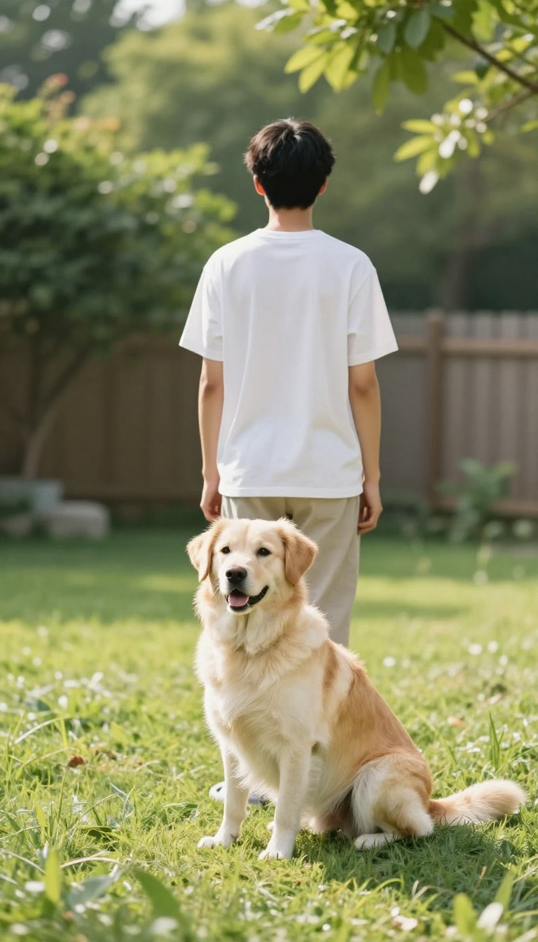 Person with back turned to a sitting dog in a sunny backyard during a stay training exercise