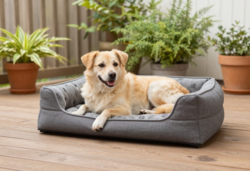 Dog lounging on an outdoor bed in a shaded porch area