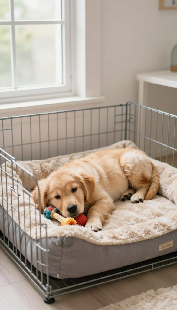 A calm golden retriever puppy relaxing in a cozy crate with toys in a bright living room.