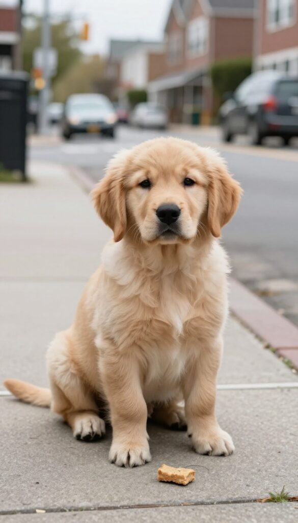 A puppy sitting calmly on a suburban sidewalk with city sounds in the background, representing sound desensitization training.