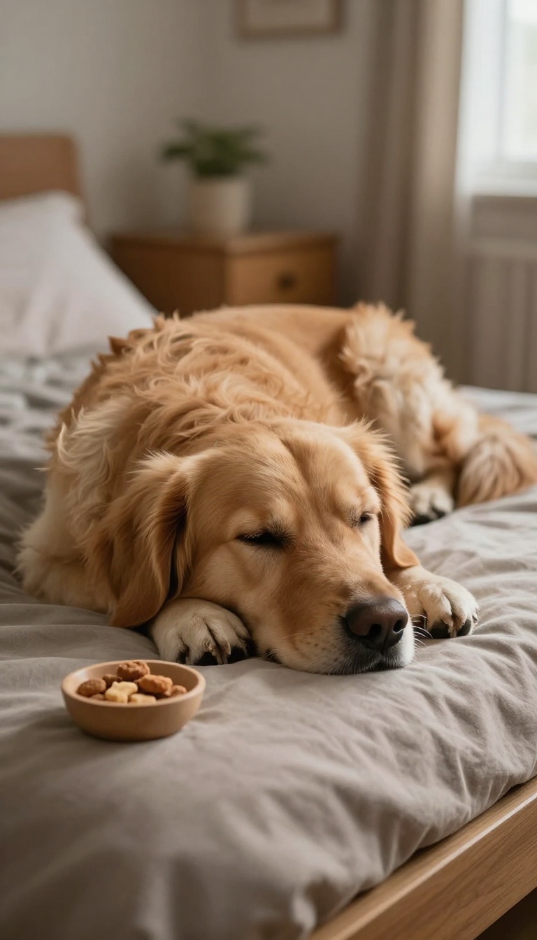 A calm dog resting on a bed with calming treats nearby, illustrating a peaceful bedtime routine.
