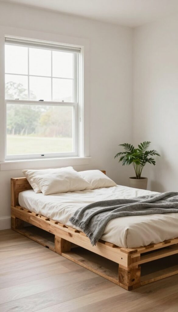 Rustic pallet wood dog bed with plush cream cushion in a bright modern farmhouse living room