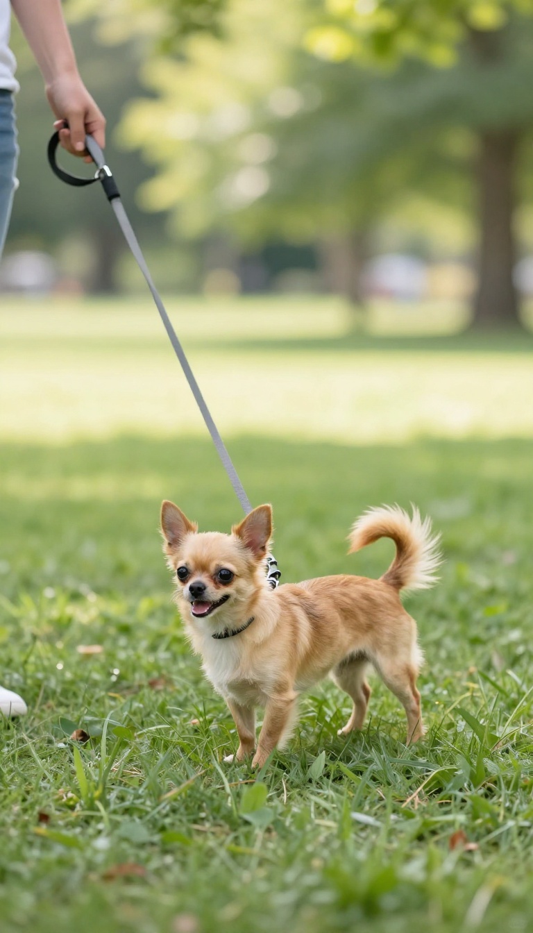 Small dog walking confidently on a leash in a sunny park, embodying the rule of treating them like a dog, not a toy.