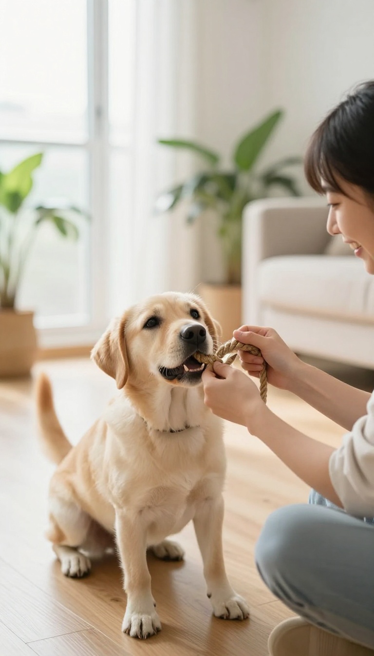 Person playing tug of war with a happy dog using a rope toy in a bright living room