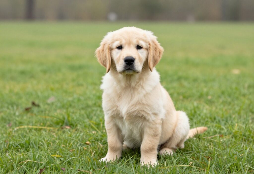 Golden retriever puppy sitting calmly on grass