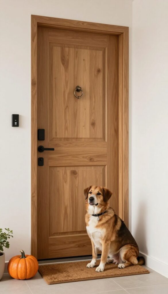 A calm dog sitting on a mat near a door with a doorbell and knocker, illustrating doorbell training for dogs.