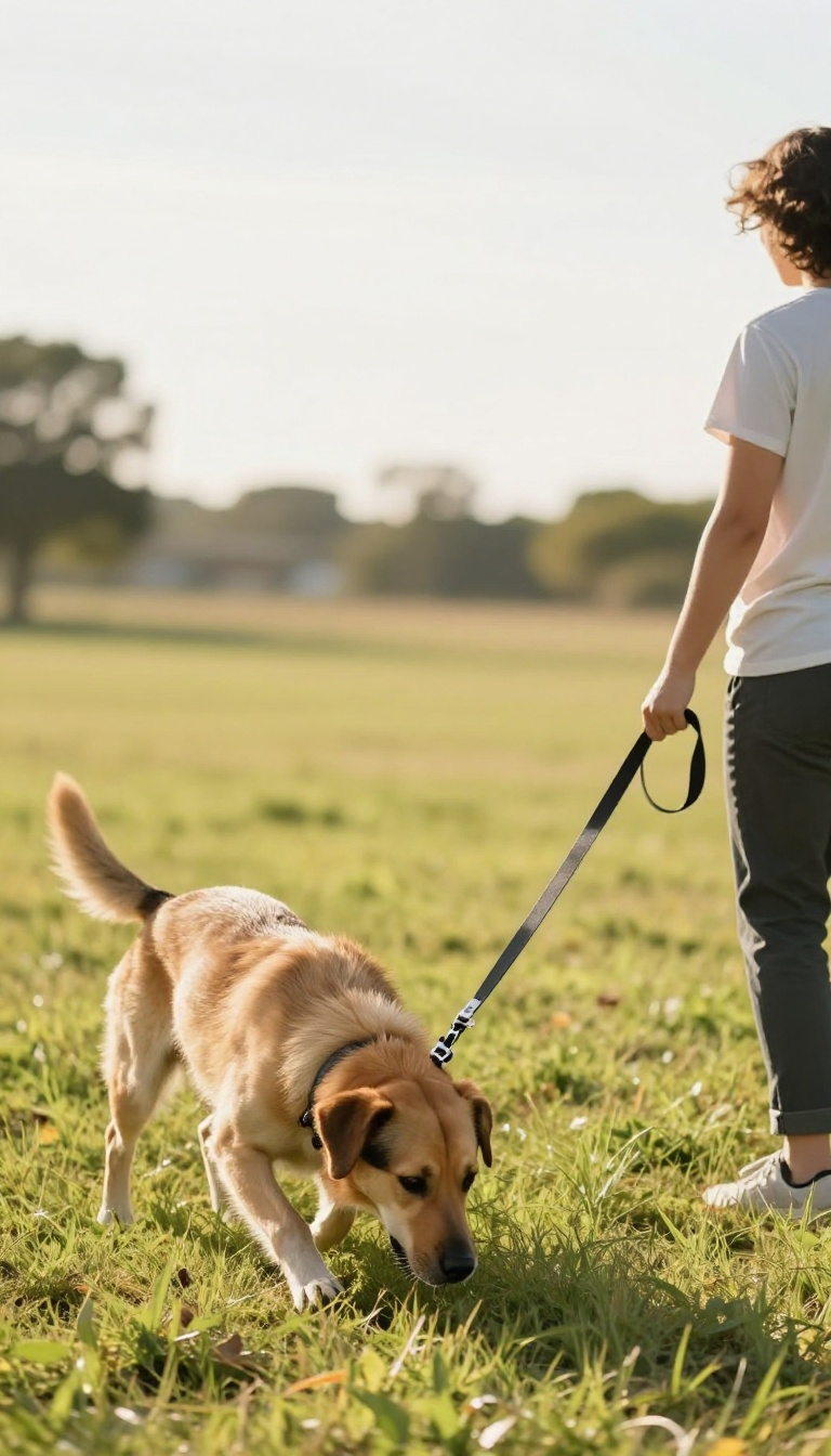Dog on a long training leash in a grassy field, looking back at the handler, practicing recall at a distance