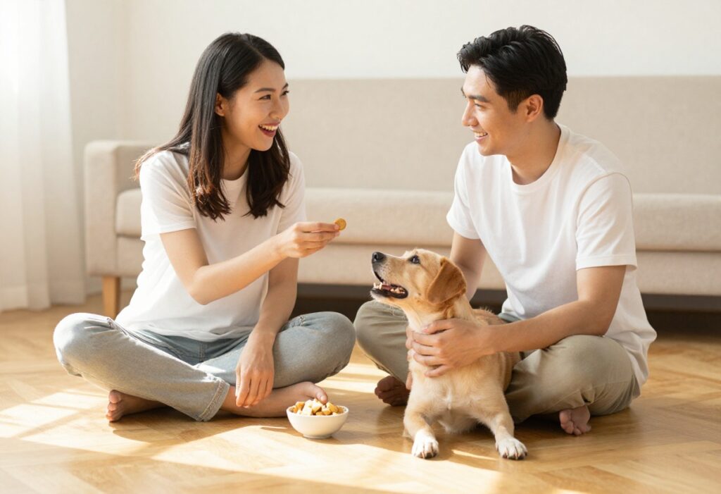 Person training a dog with treats in a bright living room