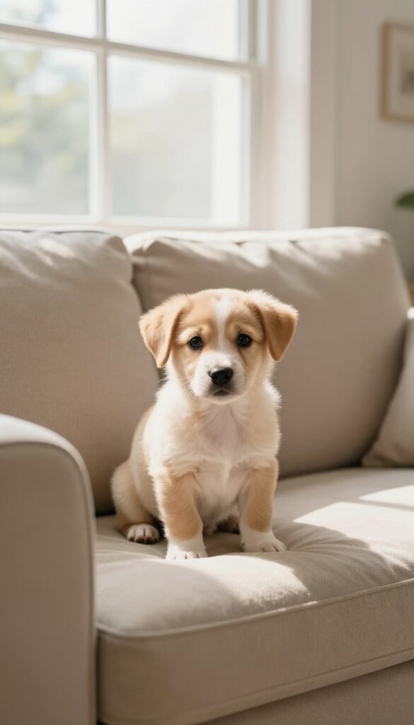 Puppy hiding behind a sofa during a hide-and-seek recall game