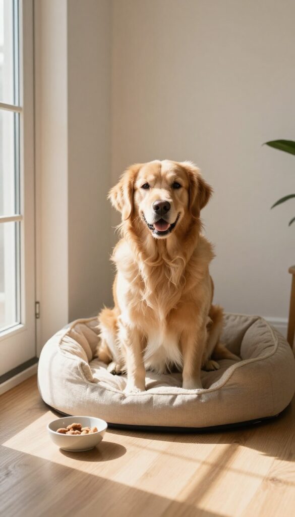 Golden retriever sitting calmly on a dog bed by the door with treats nearby