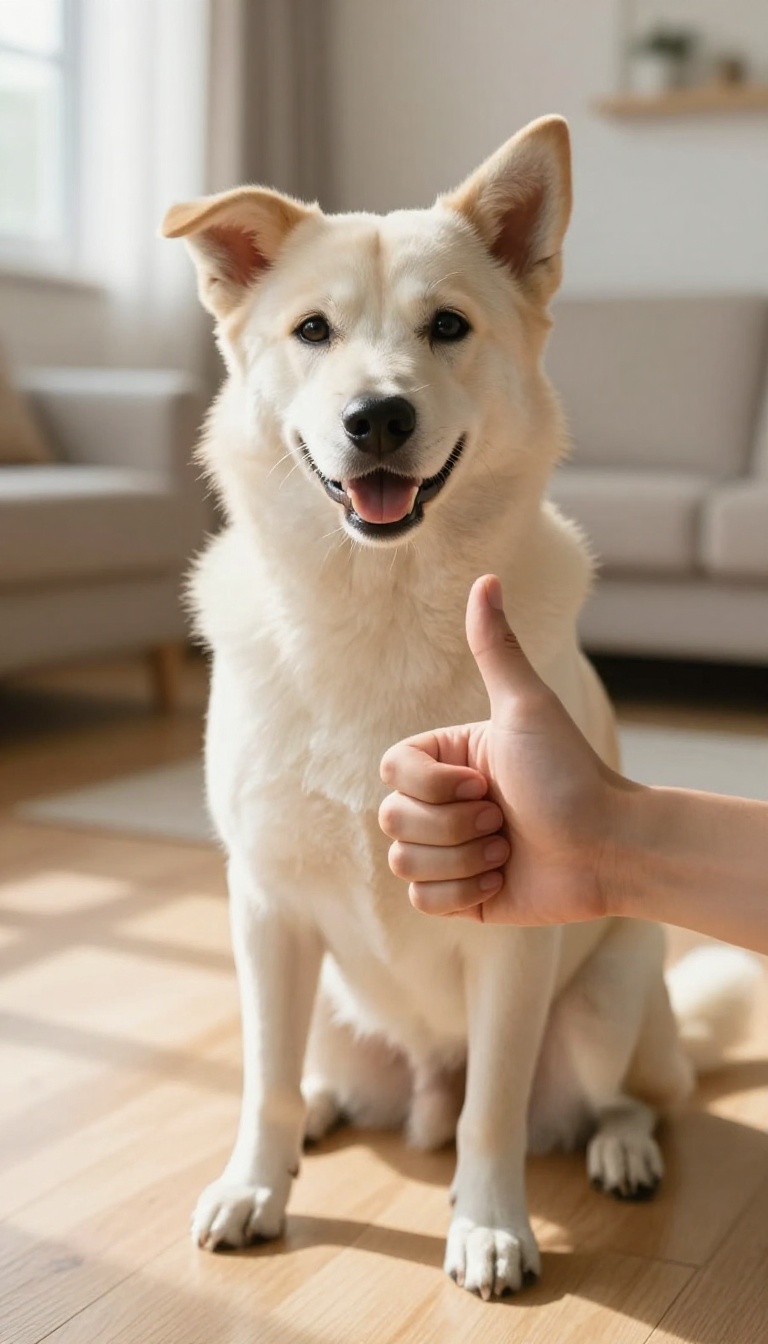 Person giving a thumbs-up to a happy dog in a bright living room, illustrating positive reinforcement in dog training.