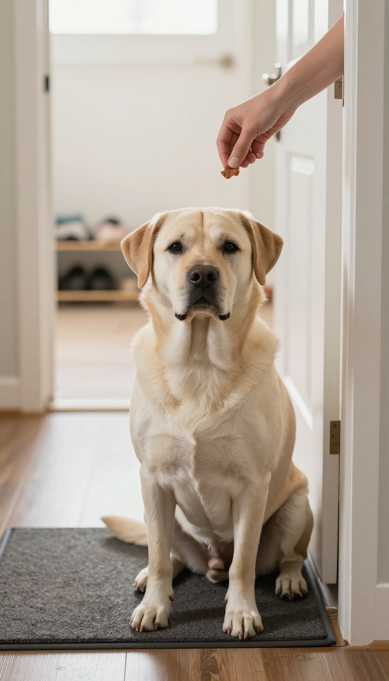 A dog sitting calmly by the front door during training