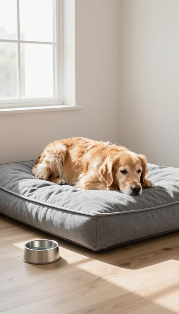 Senior dog resting on a heated memory foam bed in a bright, cozy living room