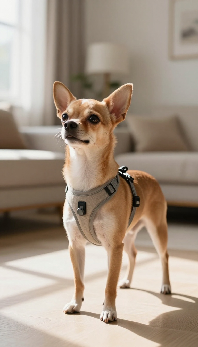 Small dog wearing a harness in a bright living room, showcasing safe training gear.