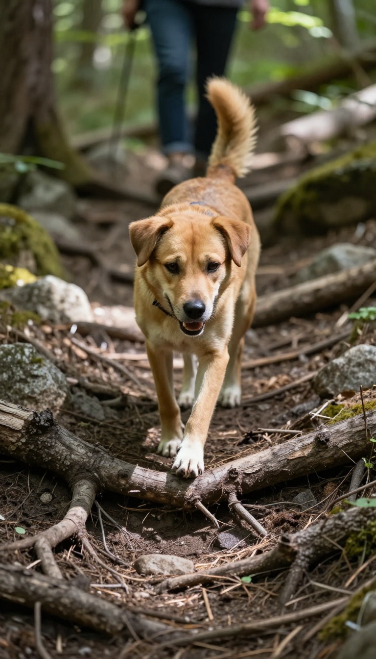 Dog walking on uneven forest trail with roots and rocks, demonstrating confidence on terrain