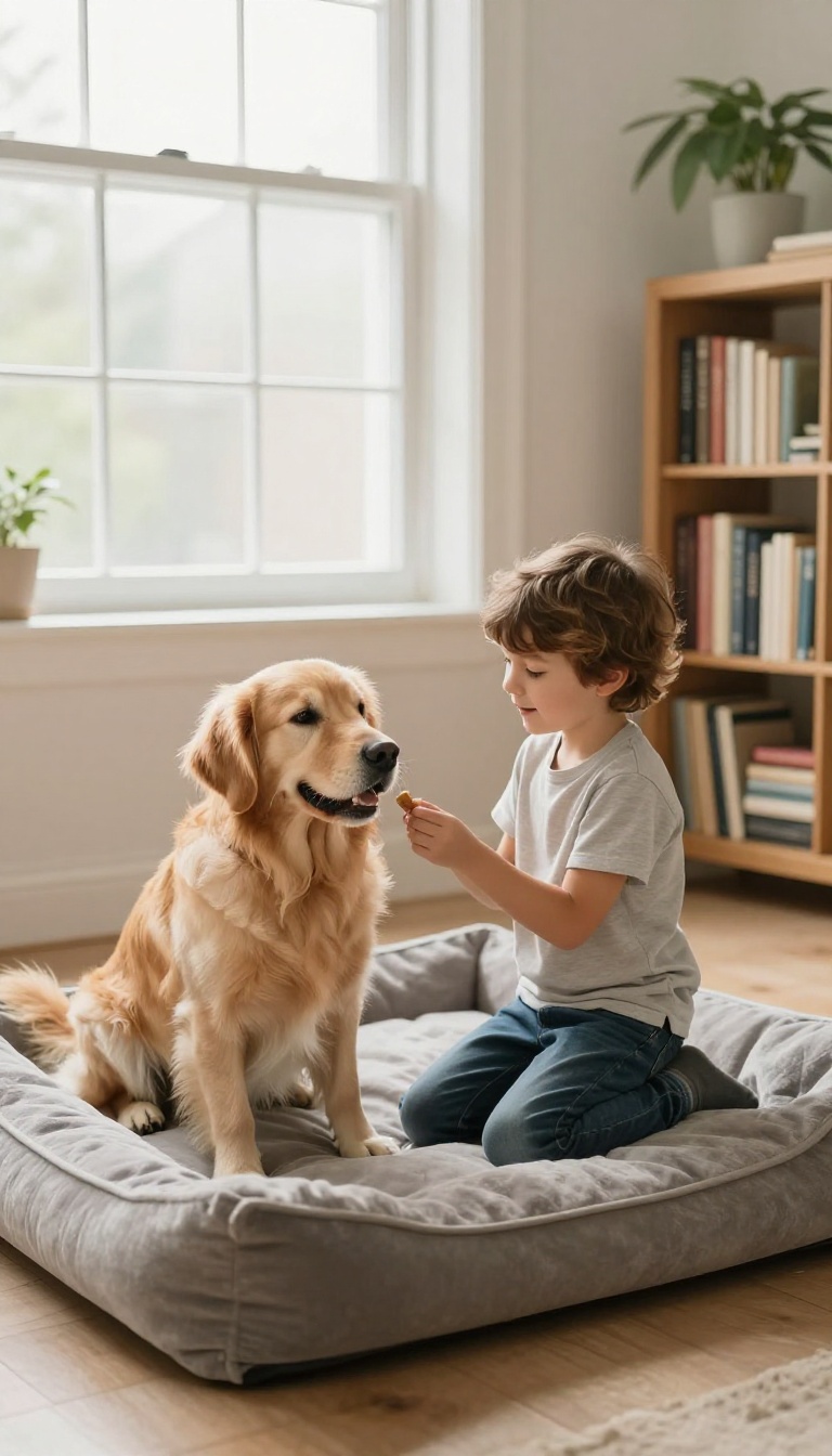 Child teaching dog to go to bed with a treat in a bright living room