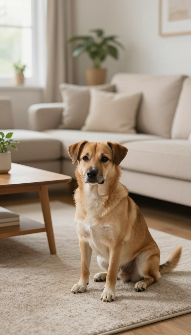 A calm rescue dog sitting on a rug in a bright, cozy living room, symbolizing a steady and compassionate approach to training setbacks.