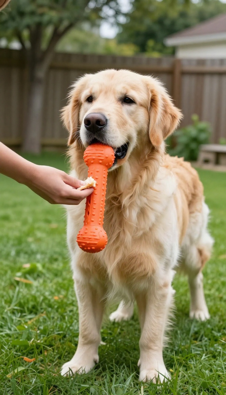Dog in a sunny backyard holding a toy while looking at a treat offered by its owner