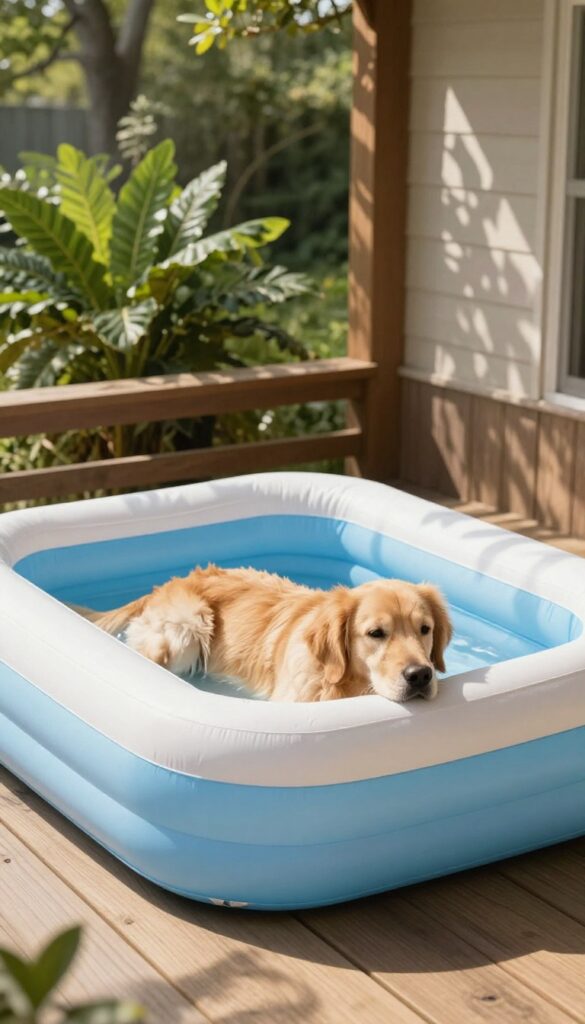 A dog resting in a repurposed kiddie pool lined with a blanket on a shaded porch