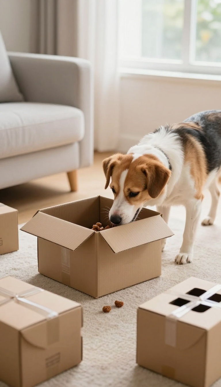 A dog playing the Scent Box Challenge with cardboard boxes in a bright living room
