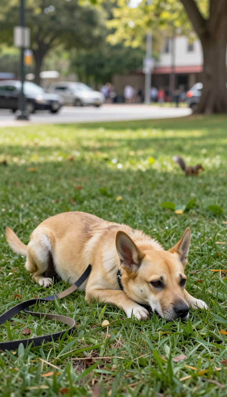 A calm dog lying down on a park sidewalk, demonstrating an emergency down command in a public setting.